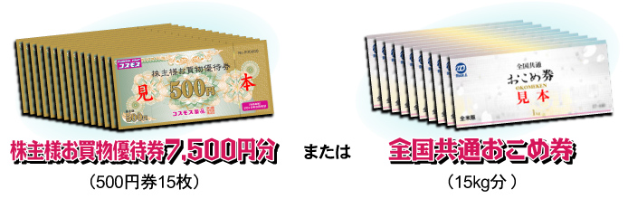 株主様お買物優待券7,500円分（500円×15）または全国おこめ券（15kg分）